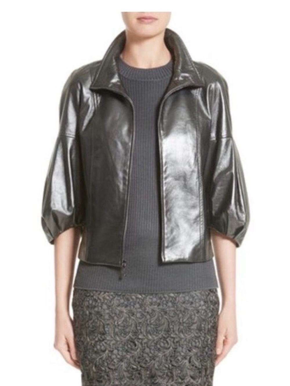 St. John Pearlized Steel Gray Leather Zip Jacket.